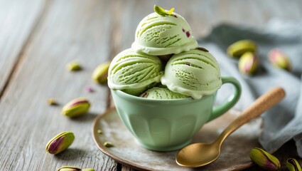 Delicious Pistachio Ice Cream Scoops in a Cup with Nuts on Wooden Table and Soft Background Empty Space for Text or Design