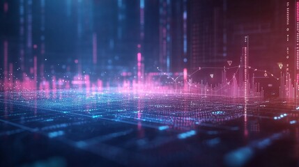 Obraz premium Financial Market Data, Abstract Background With Charts, Graphs, And Bright Neon Lines on Dark Blue