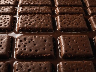 This image shows a close-up of the surface of a chocolate-covered biscuit or cracker. Generative AI. 