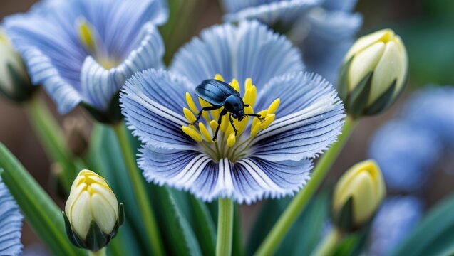 Macro Shot of Chicory Flower with Black Insect Pollinator on Vibrant Blue Petals and Yellow Stamen in Natural Setting