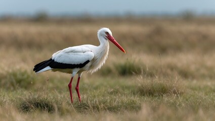 Obraz premium Elegant White Stork Standing Gracefully in Lush Grassland During a Sunny Day in Nature
