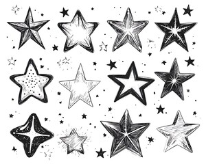 Hand-drawn star collection, diverse designs, white background, scattered small stars