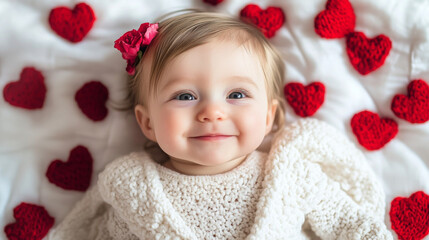 Fototapeta premium Baby girl is laying on a bed with a bunch of red hearts surrounding her