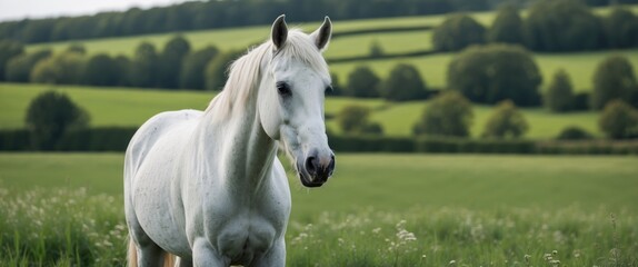 Obraz premium Majestic White Horse Grazing in a Lush Green Field Surrounded by Rolling Hills and Verdant Landscapes