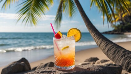 Tropical Summer Cocktail With Fresh Fruits On Beach With Palm Tree And Calm Ocean Background At Sunset