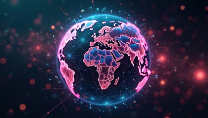 Bright colorful globe with communication network. Smart planet earth in pink, magenta, cyan, blue colors. Generative AI technology shows global connection, wireless internet.