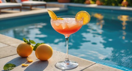 Refreshing Summer Cocktail by Luxury Poolside with Citrus Garnish and Empty Space for Text. Perfect for Lifestyle and Vacation Themes.