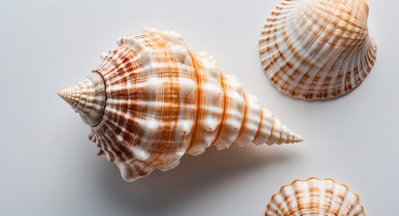 Obraz premium Close up view of three beautiful sea shells with intricate patterns on a clean white background showcasing nature's design.