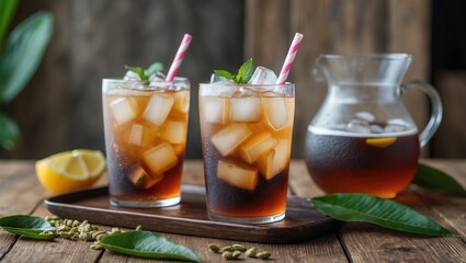 Refreshing Thai Iced Tea in Glasses with Ice and Garnishes on Wooden Table with Empty Copy Space for Text or Branding