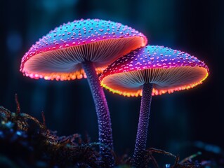 Neon psychedelic , psilocybin, purple pink and orange lights , glowing mushrooms in a blue dark mystical forest. Generative Ai