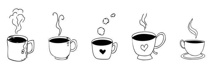 Tea or coffee cup with beverage and hot vapor steam hand drawn doodle line. Simple icon set mug sketch. Hot drinks Coffee, tea, cappuccino espresso, latte.