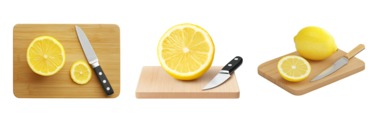 Fresh Lemons and Knives on Wooden Cutting Boards Isolated on transparent background