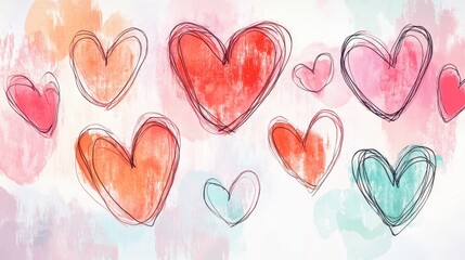 Fototapeta premium A vibrant and colorful background featuring hand-drawn hearts in shades of red, pink, and teal, creating a whimsical and romantic atmosphere.