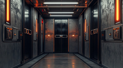 Naklejka premium Lift doors, elevator close and open. Building hall interior with chrome metal gates, buttons and stage number panels, indoor transportation in house, office or hotel, realistic 3d vector Illustration