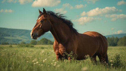 Obraz premium Majestic Wild Horse Gracefully Standing in Lush Meadow Under Clear Blue Sky with Ample Copy Space for Text Integration