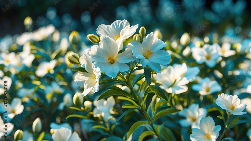 Poster white flowers in bloom with soft focus background and empty space for text or graphics