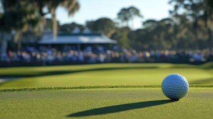 A close-up of a golf ball resting on the green, with a blurred crowd in the background, capturing the excitement of a golf tournament.