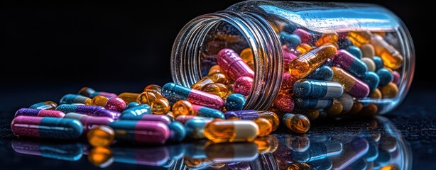 Fototapeta premium Colorful Capsules and Pills Spilled from a Glass Bottle on Dark Surface