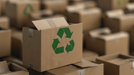 Numerous cardboard boxes featuring recycling symbols arranged together in a warehouse storage area during daylight hours