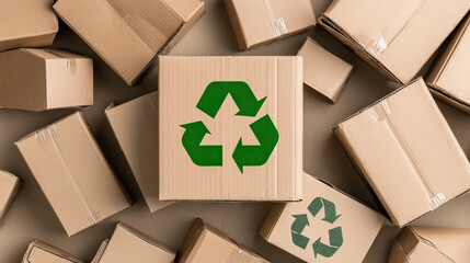 A variety of recycling boxes adorned with vibrant green symbols are scattered against a soft, neutral background