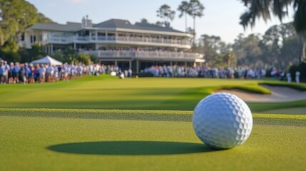 A golf ball resting on the green, capturing the excitement of a tournament with a crowd in the background and a sunny day.