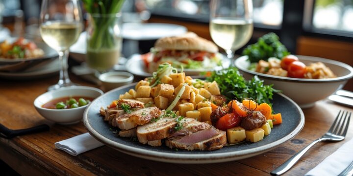 Gourmet lunch served in a cozy restaurant setting with fresh vegetables and wine creating an inviting atmosphere for dining.