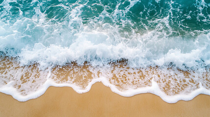 Fototapeta premium Water wave on sea sand beach 3d top view vector. Realistic ocean shore pattern with white foam and bubble on golden surface. Tropical summer vacation aerial banner design. Abstract travel illustration
