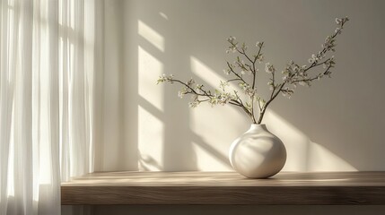 Elegant vase with blossoms on wooden table bright room still life photography calm atmosphere