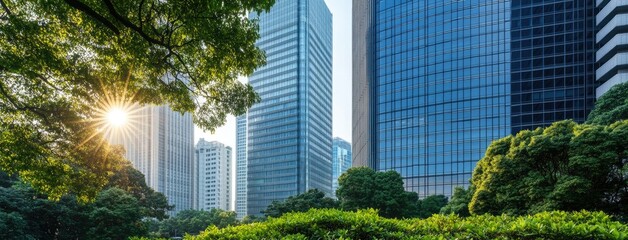Fototapeta premium Urban landscape features towering glass skyscrapers and lush greenery during golden hour in a bustling city center