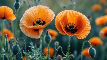 Obraz premium Two Vibrant Orange Poppies Blooms Surrounded by Green Foliage with Space for Text or Branding Elements