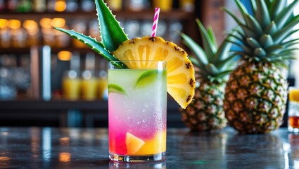 Vibrant fruity lemonade cocktail with aloe leaf and pineapple slice on bar counter showcasing tropical freshness and inviting ambience.