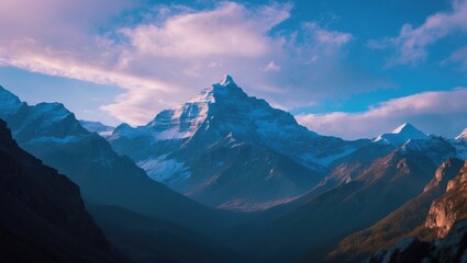 Majestic Mountain Peak Against a Clear Blue Sky with Scenic Landscape and Expansive Space for Custom Text or Branding