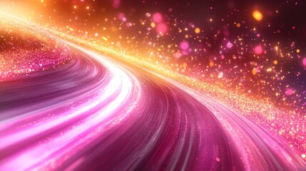 Abstract Swirling Light Trails and Sparkling Particles on a Vibrant Pink and Orange Background