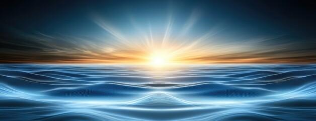 Witness a breathtaking sunrise unfolding over tranquil ocean waves, showcasing vibrant light reflections dancing softly upon the serene waters