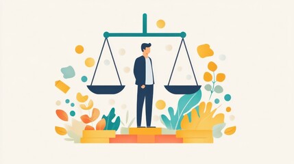 Businessman Standing on Platform with Balanced Scales and Floral Background