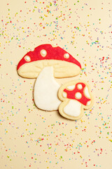 Thin homemade biscuits. Woodland red mushroom with white dots. Sugar cookies for party, Easter or baby shower. 