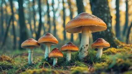 Fototapeta premium Vibrant Mushrooms in a Sunlit Forest Setting with Ample Blank Space for Textual Overlay