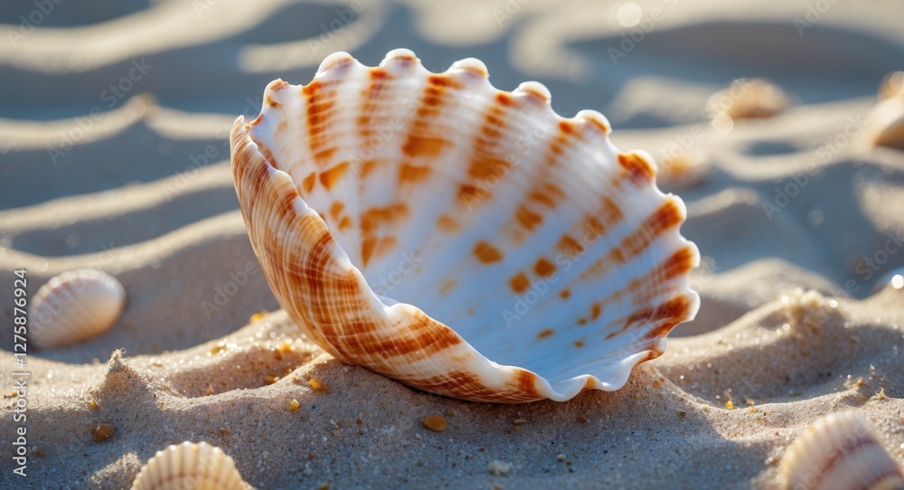 Poster seashell on sandy beach with soft sunlight and empty space for text background ideal for summer them