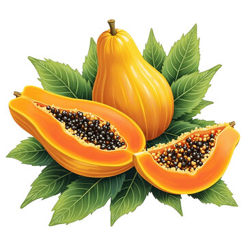 ripe papaya fruit with green leaves clip art preview