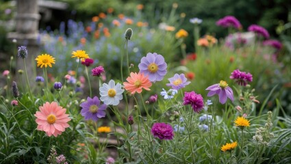 Obraz premium Vibrant garden flowers in bloom showcasing a colorful landscape with ample copy space for text overlays and graphic designs.