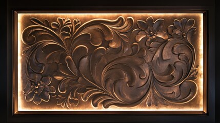 An ornate, illuminated wall panel featuring intricate floral and scroll designs in warm tones, creating an elegant atmosphere.