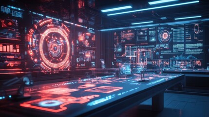 Obraz premium Futuristic Red And Blue Digital Control Room Interface