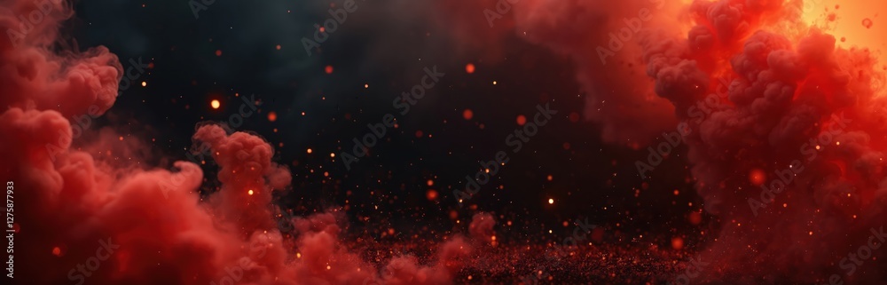 Aufkleber abstract background with red smoke and sparks on black backdrop. dark fiery design element, burning 