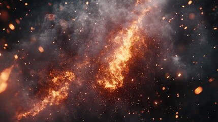 An abstract cosmic scene featuring fiery orange and gray elements swirling in a dark background, evoking a sense of energy and motion.