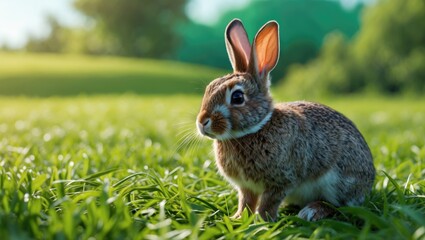 Fototapeta premium Rabbit Sitting On Lush Green Grass Under Bright Summer Sunlight With Space For Text Impression