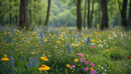 Fototapeta premium Vibrant Wildflower Meadow Surrounded By Lush Green Trees In A Serene Forest Environment