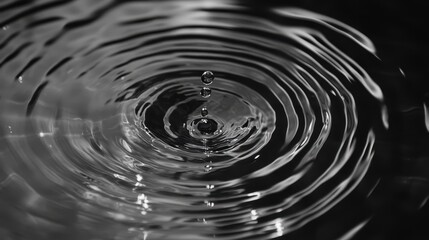 A mesmerizing close-up of water droplets creating ripples on the surface, showcasing a blend of monochrome shades and smooth textures.
