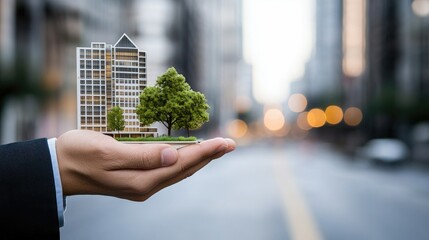 A hand delicately cradles a tiny model of a building and a tree, representing the essence of urban development along a bustling city street