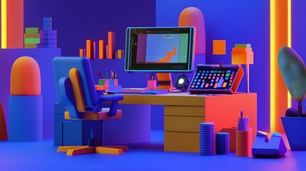 Colorful 3D workspace with modern tech tools