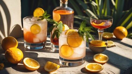Refreshing Summer Cocktails with Citrus Garnish and Natural Light Ideal for Seasonal Drink Menus and Beverage Promotions